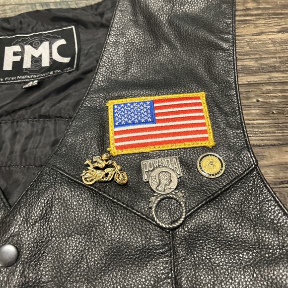 Leather braided Vest Black Patches Pins Leather Legion Veteran Navy biker men’s - Picture 5 of 11